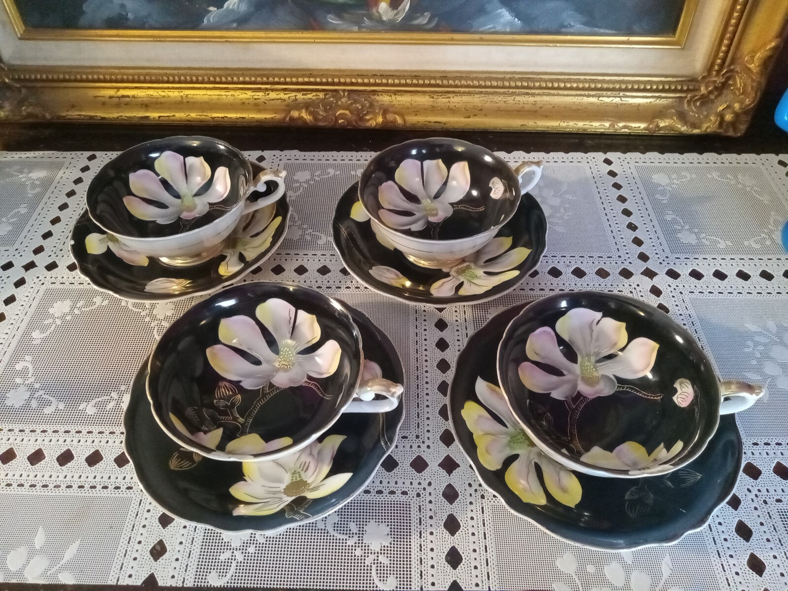 Vintage Ucagco China Tea Cup and Saucers Set of (4) Made In Japan Black