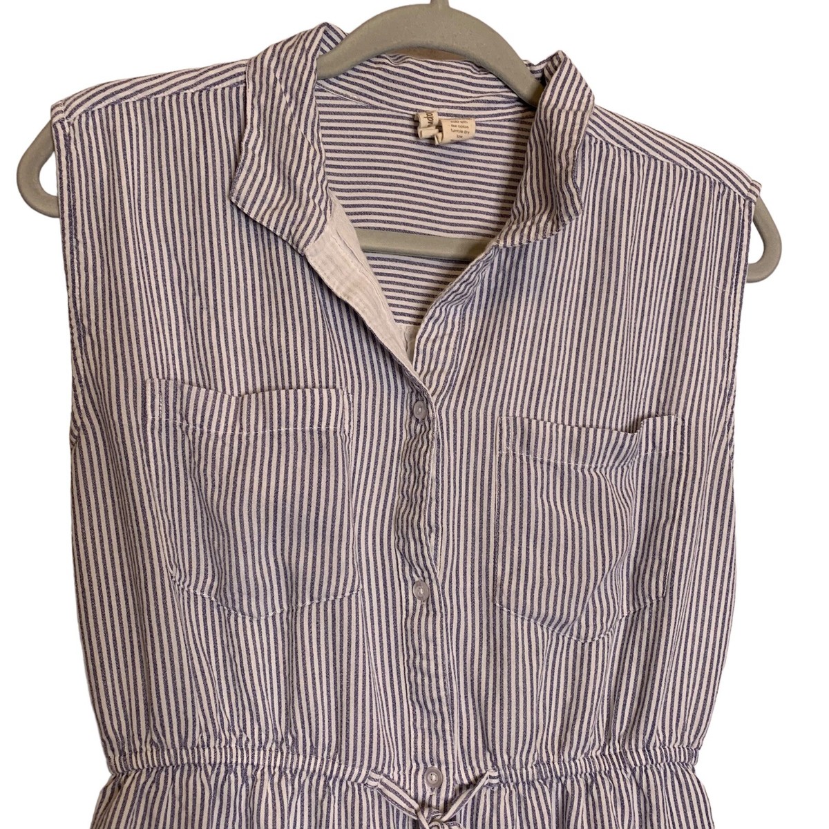 japna shirt dress Japna Shirt Dress Womens Medium Blue White Striped Drawstring Waist No  Sleeves
