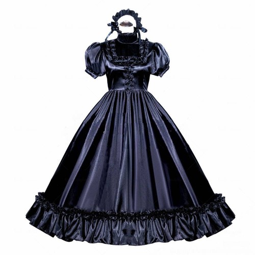 gothic lolita Girl Sissy Sexy maid Black Satin Dress Cosplay Costume ...