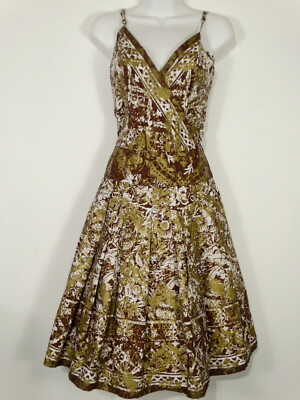 BGN Studio 1950s Style Sundress XS Sz 4 Gold Metallic Brown White Full Skirt