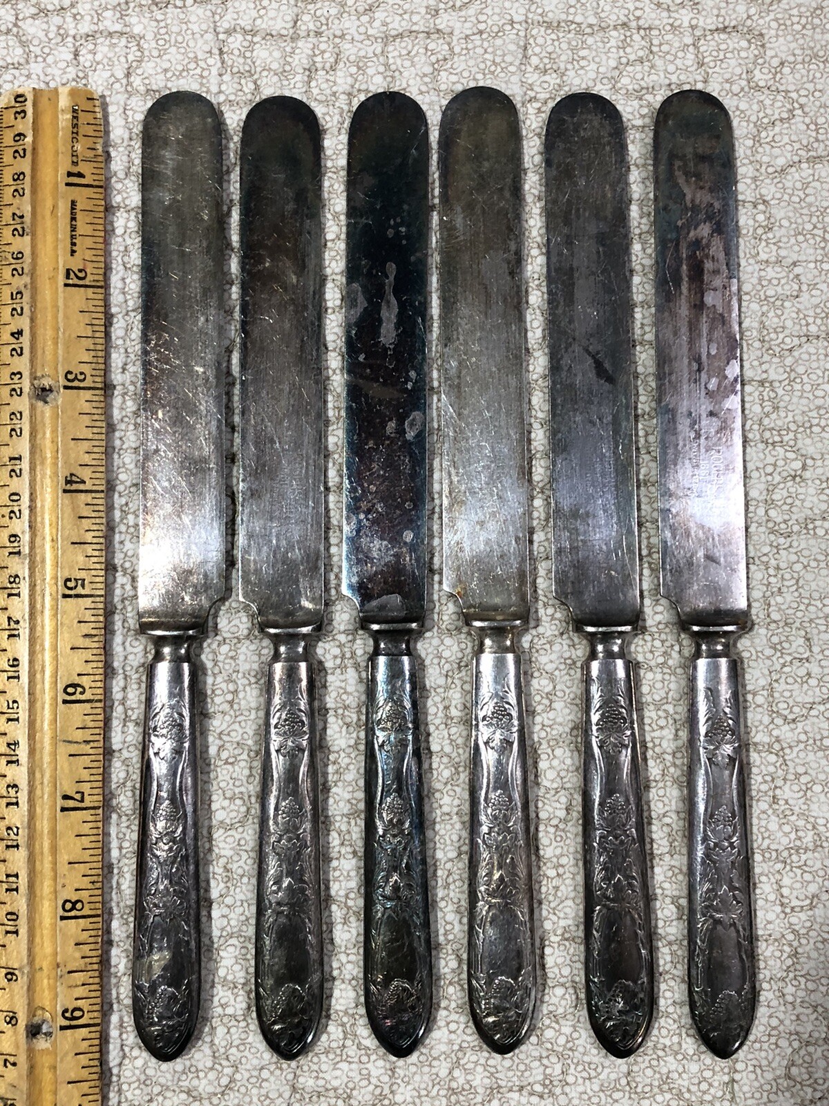 6 Pc LOT Vintage La VIGNE GRAPE Pattern Rogers 1881 Silver Plate TABLE KNIVES