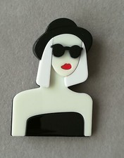 80er Retro Brosche Dame Mit Hut Acryl 90er Life Style Mode Lady Frauen Kopf Kult