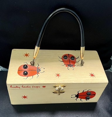 Enid Collins ''Lucky Lady Bugs'' Vintage Box Holz Schmuck Tasche. Signiert