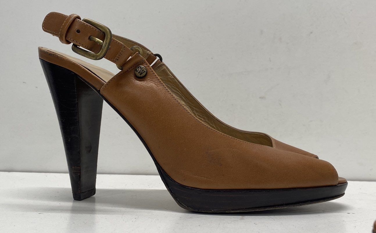 Stuart Weitzman Brown Solid Peep Toe Slingback Hi… - image 3