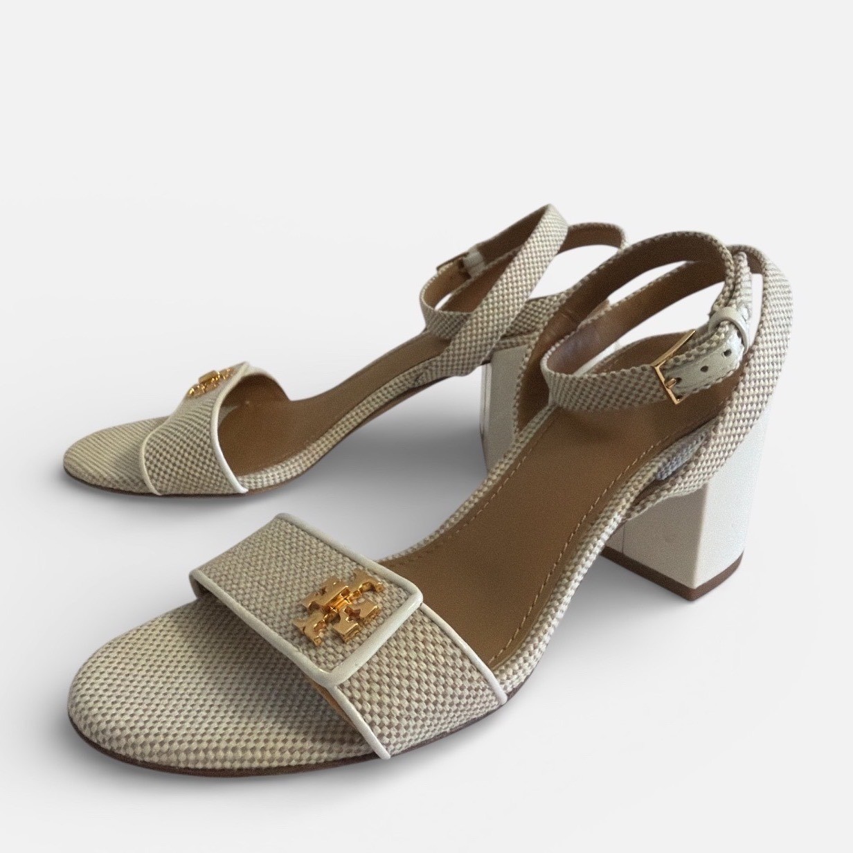 Tory Burch Kira Beige Canvas Block Heel Ankle Strap Leather Lined Sandals 6.5