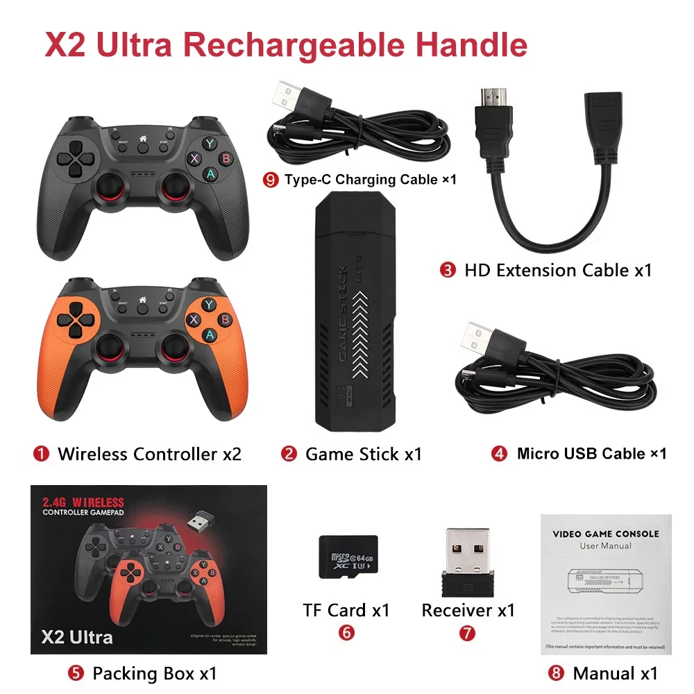X2 Ultra Pro Retro Game Stick 4K HDMI Console 64GB/128GB + 2 Wireless Pads