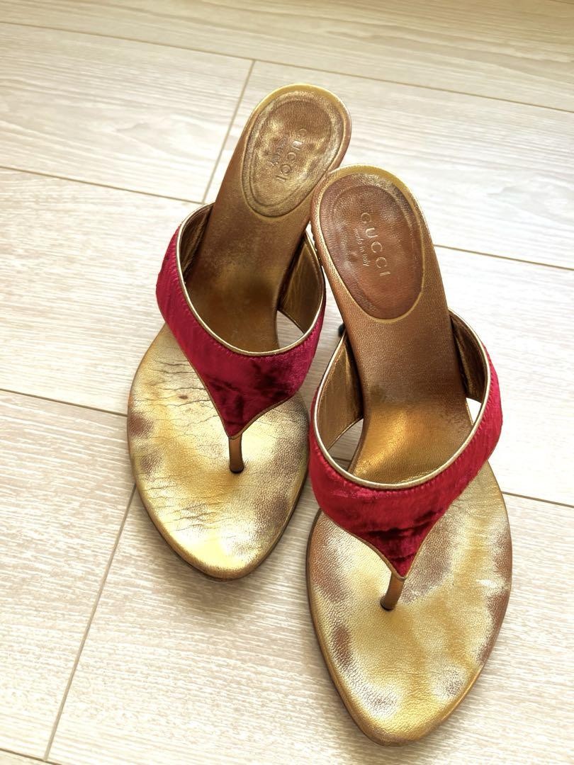 Gucci Gold Women Heel Mule Sandals Size 36.5 Ag1113 Pre-Owned