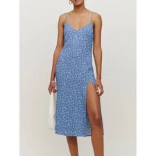 Reformation Crimini Printed Side Slit Midi Dress In Eve Blue Floral US 0