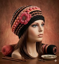 crochet-handmade-womans-flower-hat-beanie-lollipop-pink-puffs-new