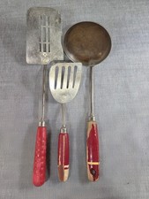 Vintage Prinative Kitchen Utensils Wooden Red Handles Lot of 3 Cottagecore