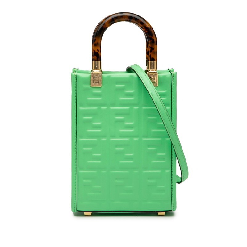 Fendi Sunshine Shopper Small Handbag Shoulder Bag 2WAY 8BS051 Green Brown Leathe