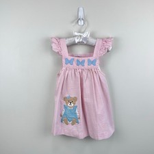Vintage Samara Pink Seersucker Teddy Bear Bow Pinafore Dress 24 Months