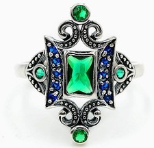 1CT Treated Emerald  Sapphire 925 Sterling Silver Art Deco Ring Sz 6,7,8 US6