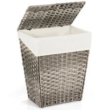 Handwoven Laundry Hamper Foldable w/Removable Liner, Lid & Handles Grey