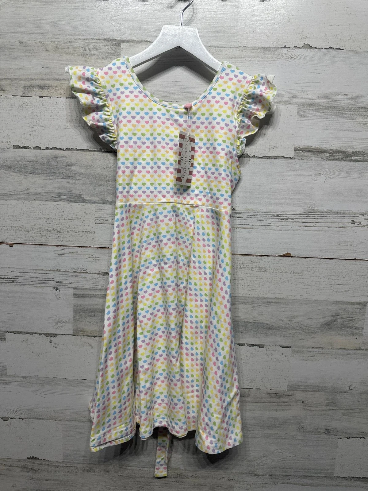 Serendipity Flutter Sleeve Dress Girls 10 White Rainbow Heart Print NWT