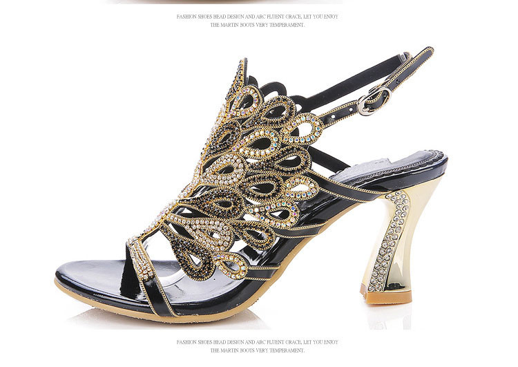 HIGH SANDAL WITH PEARL CHAIN BLACK LAMBSKIN WITH WHITE RHINESTONES