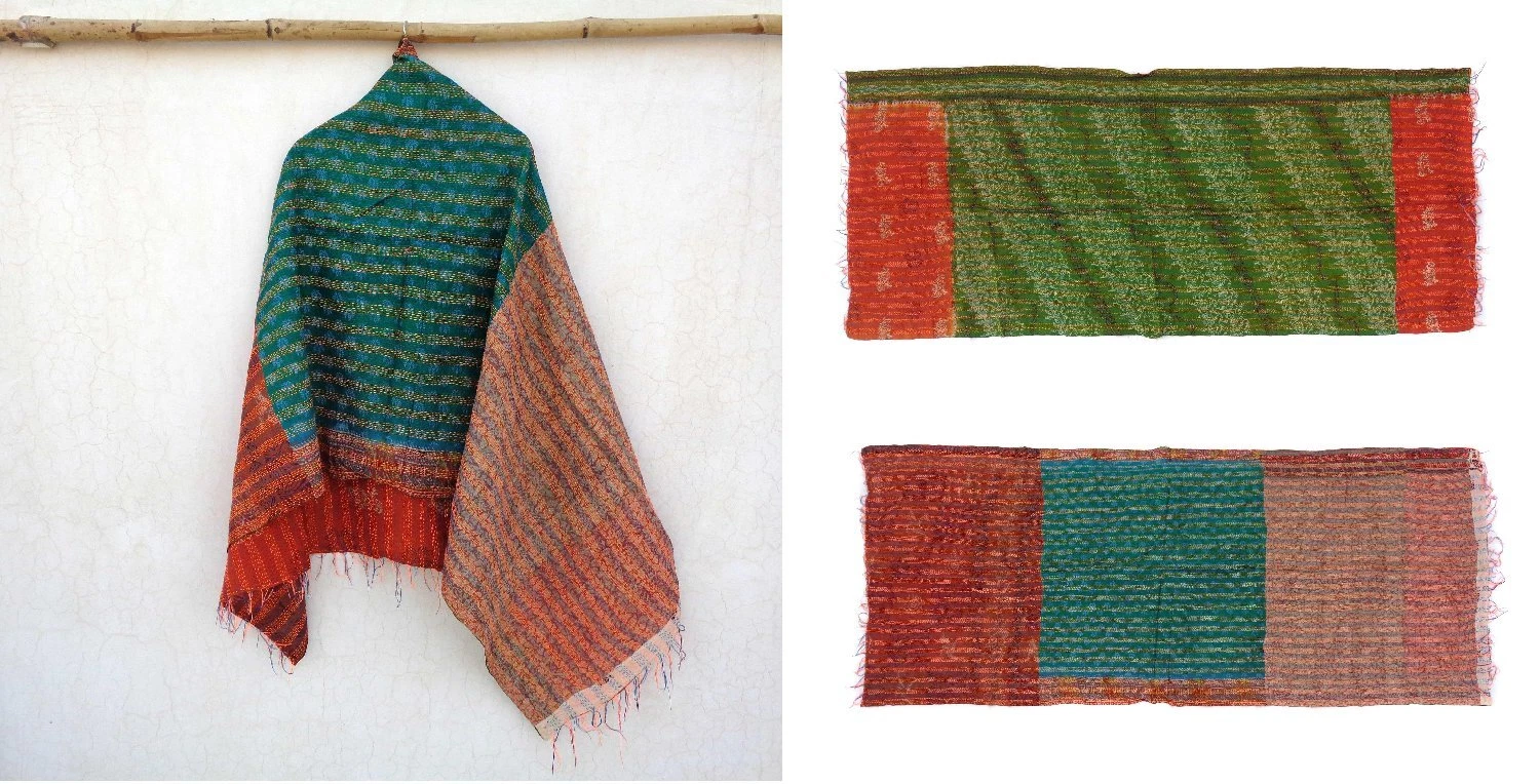 Silk Kantha Scarf Head Wrap Stole Dupatta Hand Quilted Women Scarves Reversible
