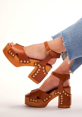 Free People Cecily Clogs Ankle Strap Platform Tan Leather Brass Studs NEW 