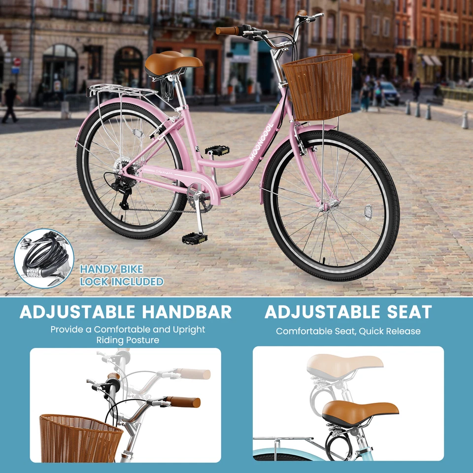 MOPHOTO Beach Cruiser Bike 24 inch Pink Commuter Bicycle for Women 7-Speed &Lock - Image 4 of 4