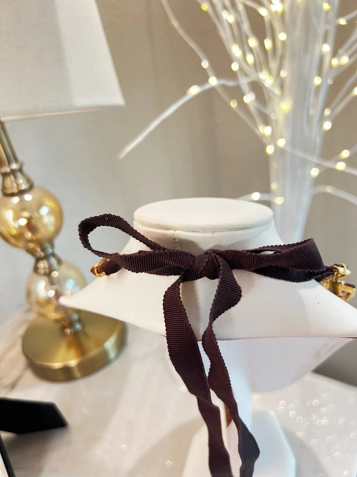 Collar J Crew Cuadrados Marrón Tono Dorado Cinta Marrón 43" N523 Foto 3 de 4