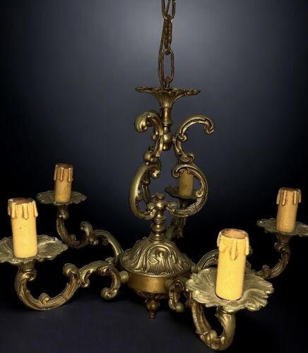 Ancienne XXème magnifique lustre à 5 branches en bronze style Louix XV - Foto 1 di 3