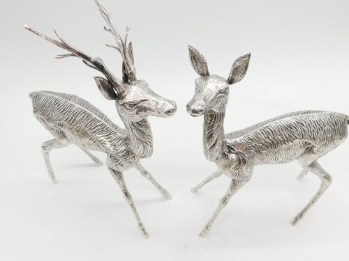 Italian Large Sterling Silver Stag & Doe Deer Figurine Sculpture Pair Vintage - Picture 5 of 8