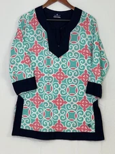 Simply Southern Cotton Teal Pink Blue Swirl Notch Neck Tunic Top Size Medium