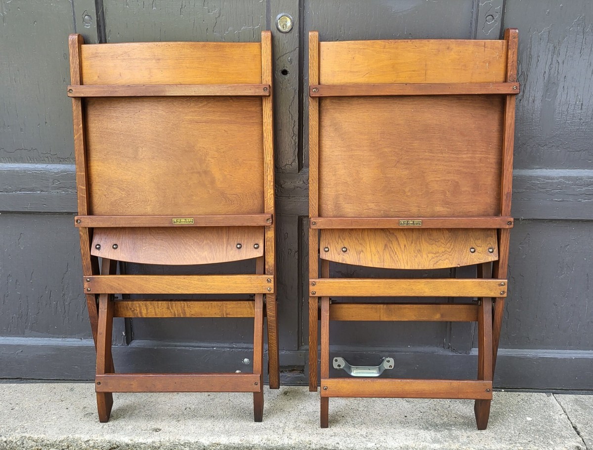 Antique Folding Chairs Pair NATIONAL SCHOOL EQUIP Sturdy Wood PORT