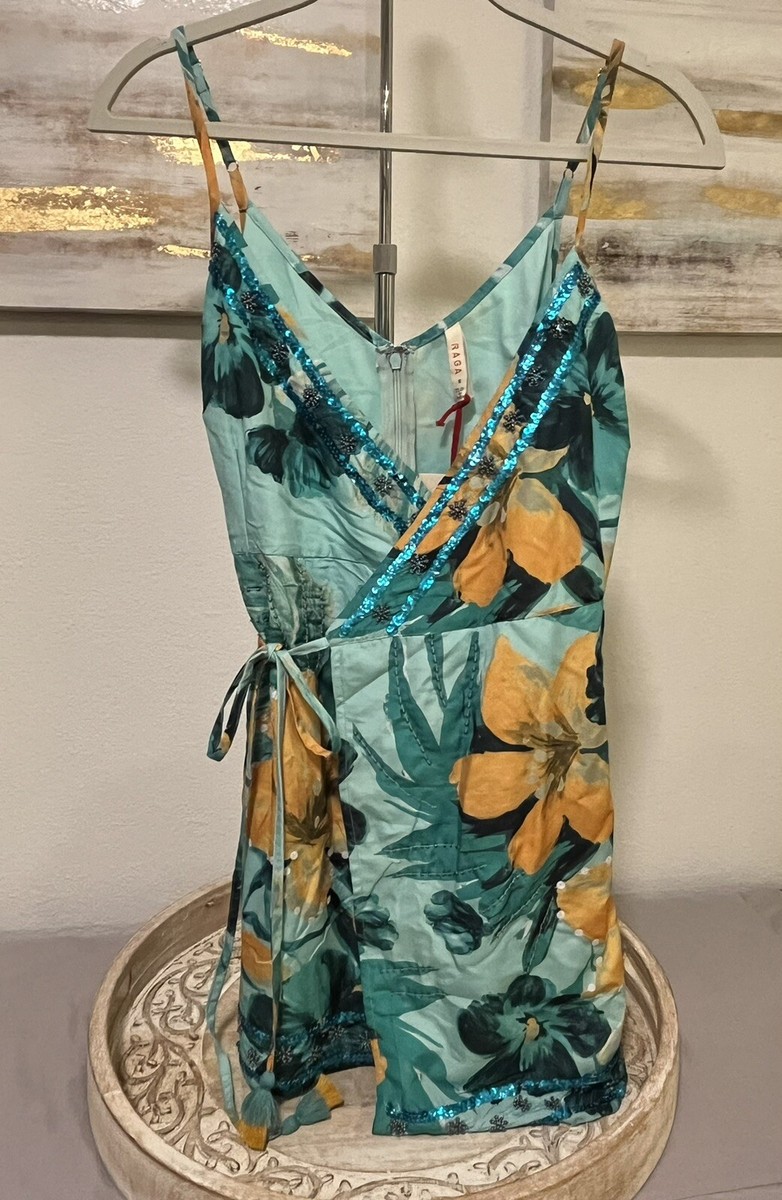 anthropologie beaded wrap dress x Raga Lola Mini Turquoise w/ Beads & Sequins Sz S NWT Dress Shirt Size:18