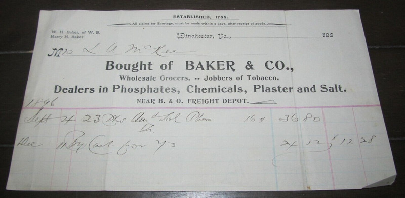 1896 Sept 23 Winchester Virginia VA Receipt Bought of Baker & Co. Grocer Tobacco