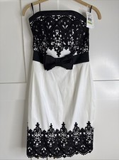 Jessica McClintock White Satin Black Lace Evening Strapless Mini Dress Size 4