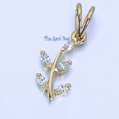 14k massiver Gelbgold Marquise Diamant minimalistischer Olivenblatt Zweig Anhänger Char