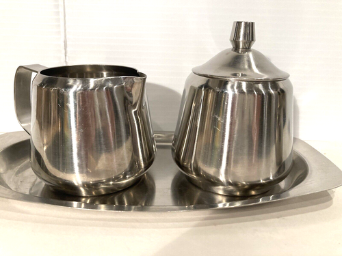 Vintage Oneida 18/8 Stainless Steel Cream & Sugar Set With Tray, Beautiful! - Picture 2 of 11
