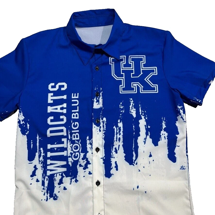 Camisa Kentucky Wildcats AOP Para Hombres Mediana Salpicaduras Bolos Informal Abotonada Campamento Foto 3 de 4