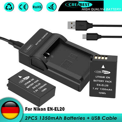 2× Akku EN-EL20 EN-EL20a Für Nikon Coolpix A P1000 1 J1 1 J2 1 J3 V3 + Ladegerät