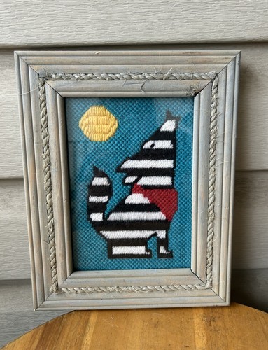 Dog Howling At Moon Colorful Handmade Framed Needlepoint 10" Southwestern