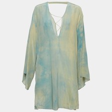 Versace Blue Abstract Print Silk LaceUp Mini Dress L