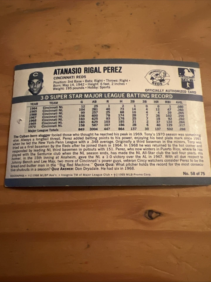 1971 Kelloggs 3D Super Stars 1970 XOGRAPH #58 Tony Perez, CINCINNATI REDS - Image 2 of 3