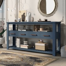 Large Entryway Table with 4 Drawers,Painted Console Table w/ 3-Tier Open Shelves