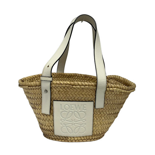 LOEWE Basket Beige White Straw Leather Tote Bag