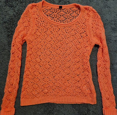 Pimkie Damenpullover S Baumwoll-Mischung neon pink Lochmuster Rundhals Langarm