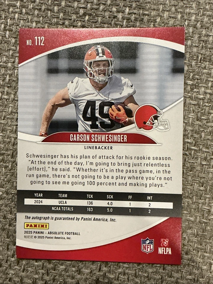 2025 Absolute Football Carson Schwesinger Green Shock /50 #112 RC Auto Browns - Image 2 of 2