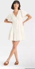 Women's Short Sleeve Button Front Mini A-Line Dress Universal Thread White S