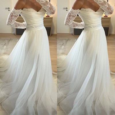 Elegant Wedding Dresses A Line Lace Appliques Tulle Sweep Train Bridal Gowns