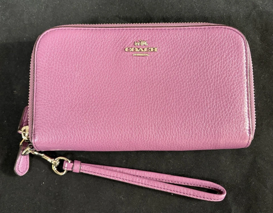 Cartera Muñequera Coach Doble Cremallera Alrededor Mujer Cuero Acordeón Púrpura Lila Foto 2 de 4