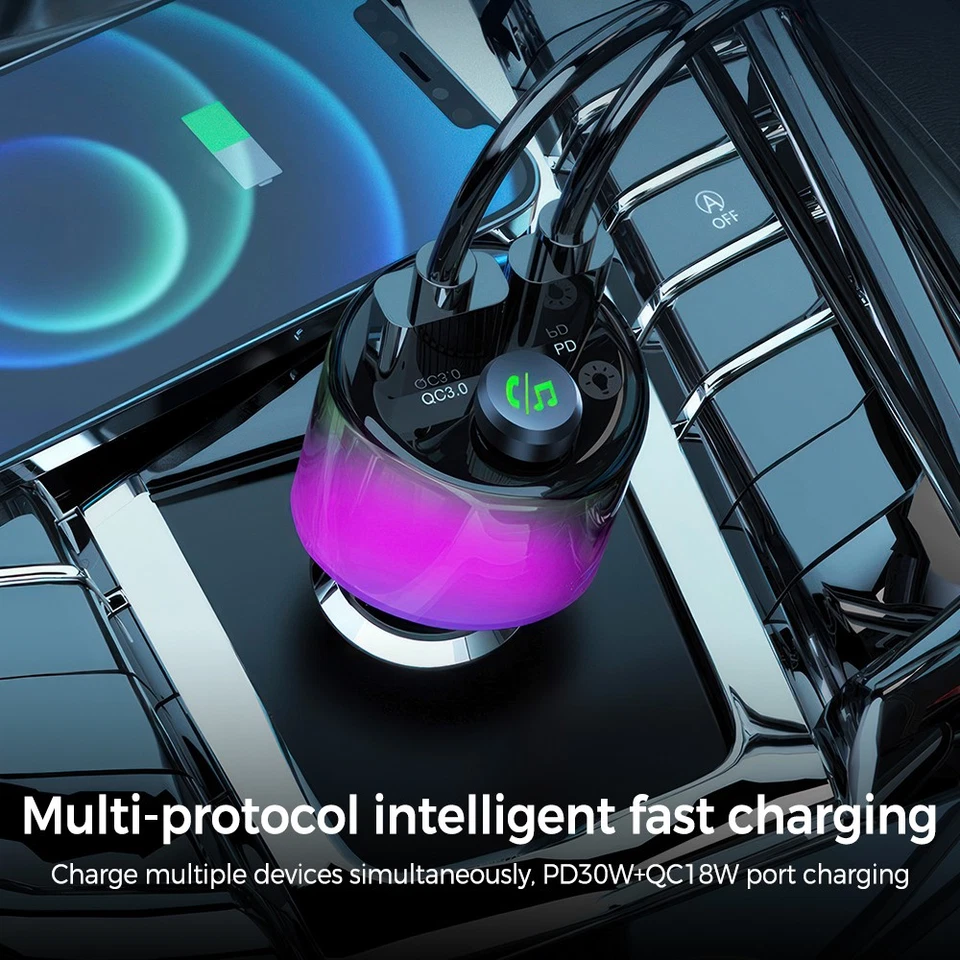 12V -24V KFZ Auto Bluetooth FM Transmitter Radio Adapter mit Farblicht Ladegerät - Bild 4 von 4