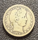 1914 Barber Quarter 90% Silver KM 114 Album-toned 112 year old coin-Free Ship NR