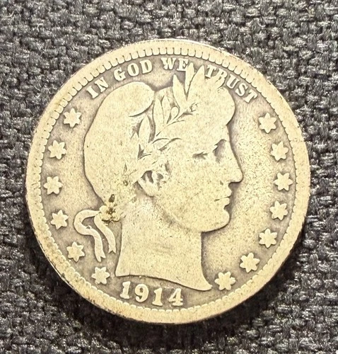 1914 Barber Quarter 90% Silver KM 114 Album-toned 112 year old coin-Free Ship NR