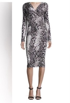 DAVID MEISTER SNAKESKIN PRINT FITTED LONG SLEEVE VNECK NIGHT OUT Sz 2 LUXE DRESS