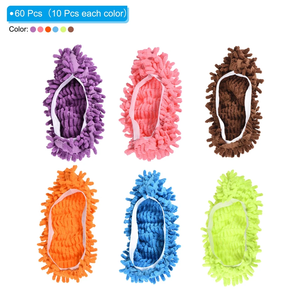 60Pcs Mop Slippers Washable Cleaning Shoes Cover Duster Chenille 6 Colors Foto 3 de 4